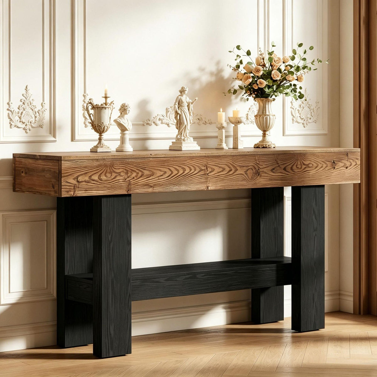 Solid Wood Console Table 63 Inch Narrow Sofa Table with Storage Shelf Living Room Decorative Table image 3