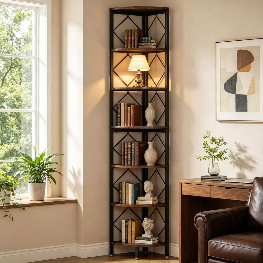 Slim 7-Tier Corner Shelf 78.7 Inch Bookcase Metal Storage Rack for Living Room Bedroom Kitchen Organizer