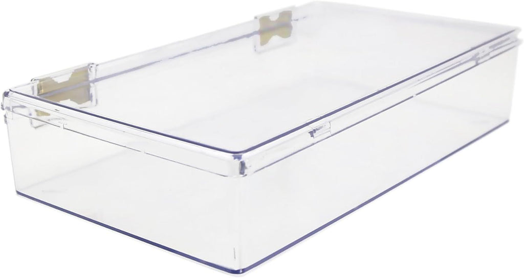 1 Clear Hard Plastic Box with Hinged Lid, 10 3/8" L x 6" W x 2" H, Plastic Display Case and Keepsake Storage Box,
