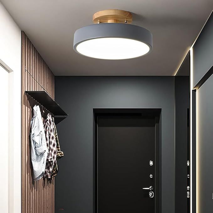 1-Lights Dimmable LED Ceiling Light Fixture,9 Inch Modern Ceiling Lights Flush Mount Wooden 12W Chandelier for Living Room Bedroom Kitchen,3000K/4000K/6000K Temperatures Selectable Grey