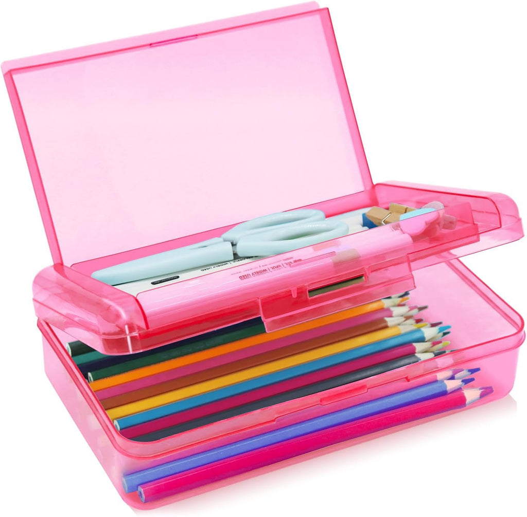 1 Pack Double Layer Hard Pencil Cases, Plastic Translucent Pencil Box with Snap-Tight Lid for Pens, Pencils, School, Stylish Office Supplies Storage Organizer Box, Medium-sized