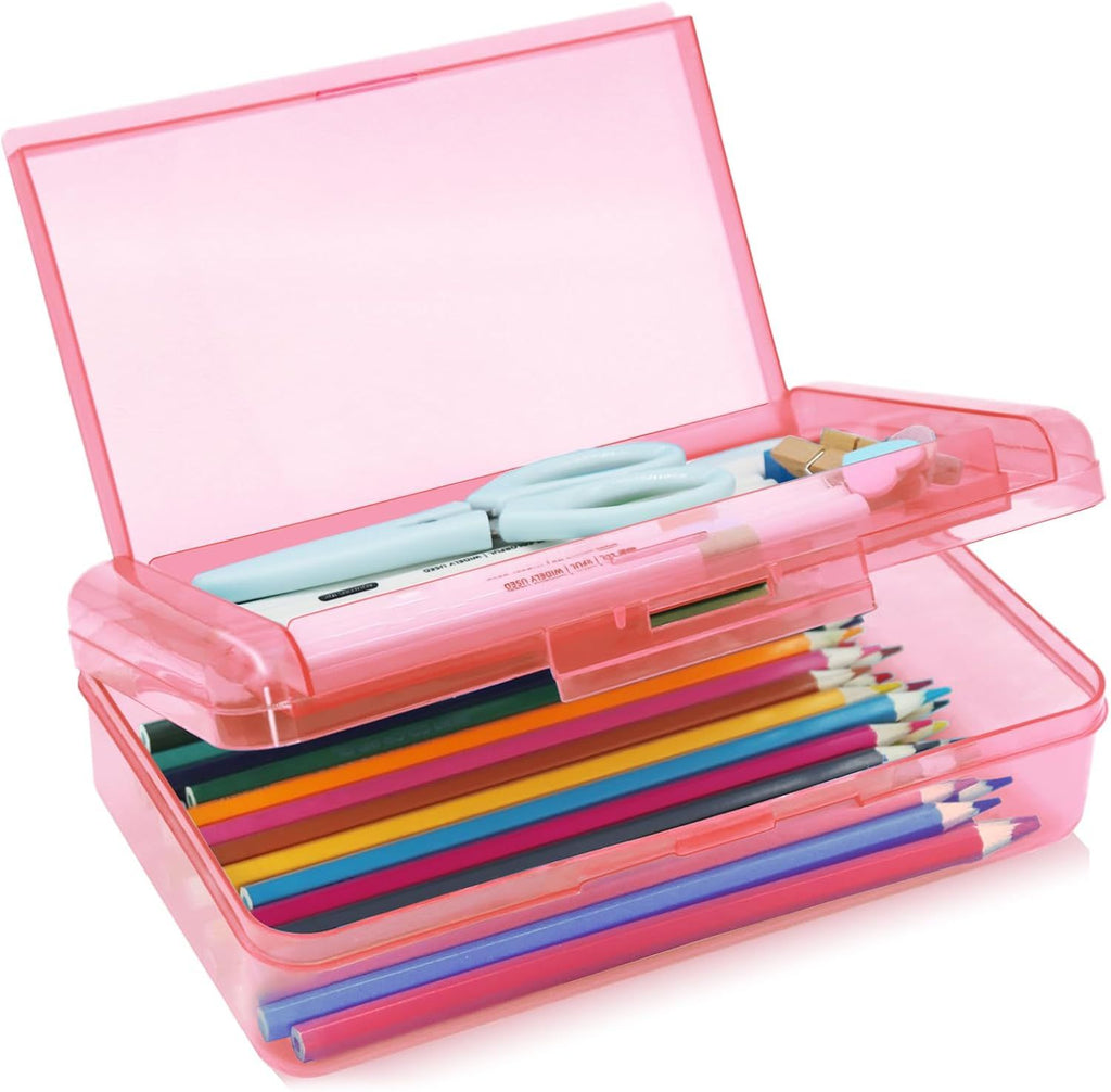 1 Pack Double Layer Hard Pencil Cases, Plastic Translucent Pencil Box with Snap-Tight Lid for Pens, Pencils, School, Stylish Office Supplies Storage Organizer Box, Medium-sized