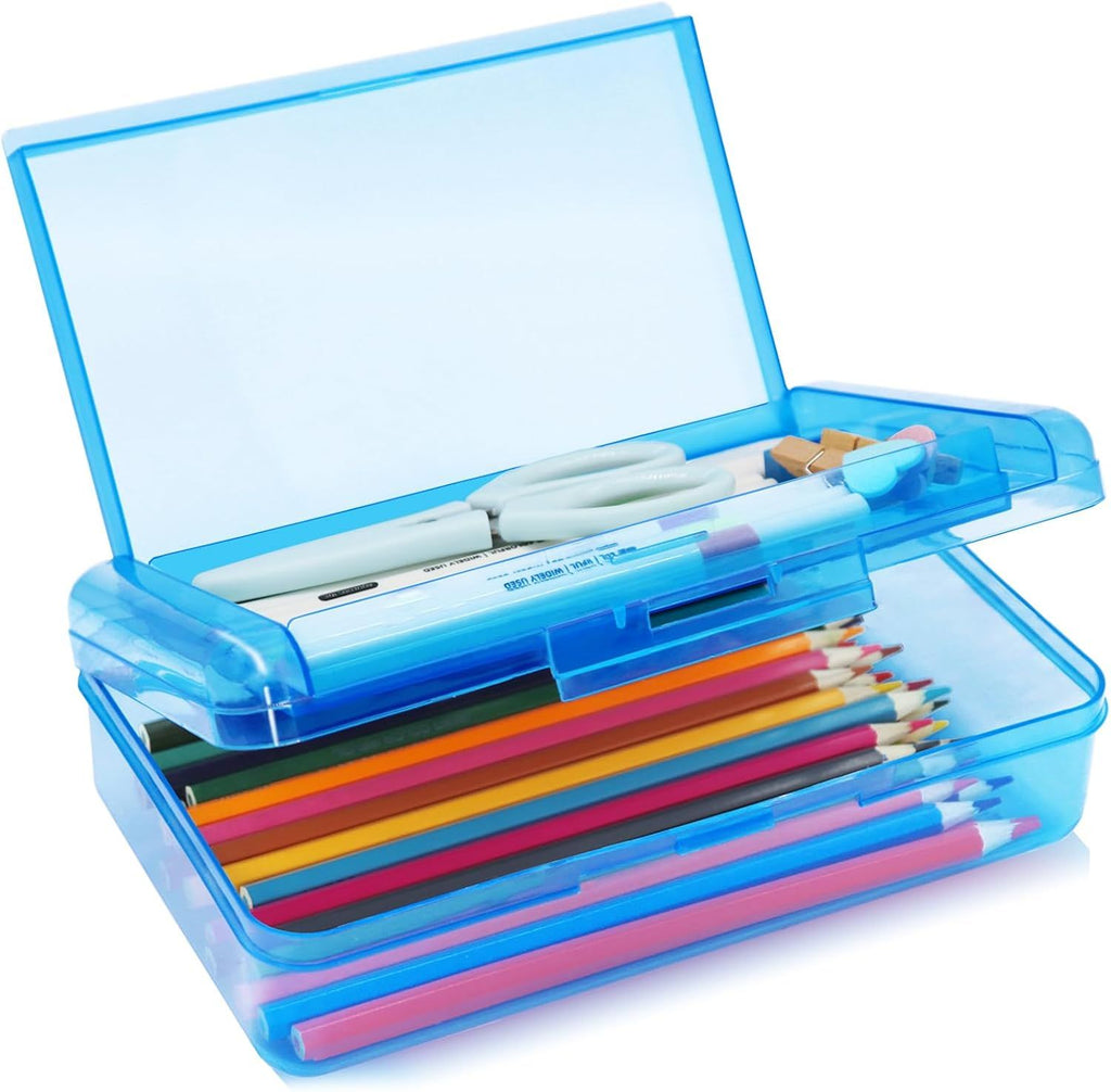 1 Pack Double Layer Hard Pencil Cases, Plastic Translucent Pencil Box with Snap-Tight Lid for Pens, Pencils, School, Stylish Office Supplies Storage Organizer Box,Medium-sized (Blue)