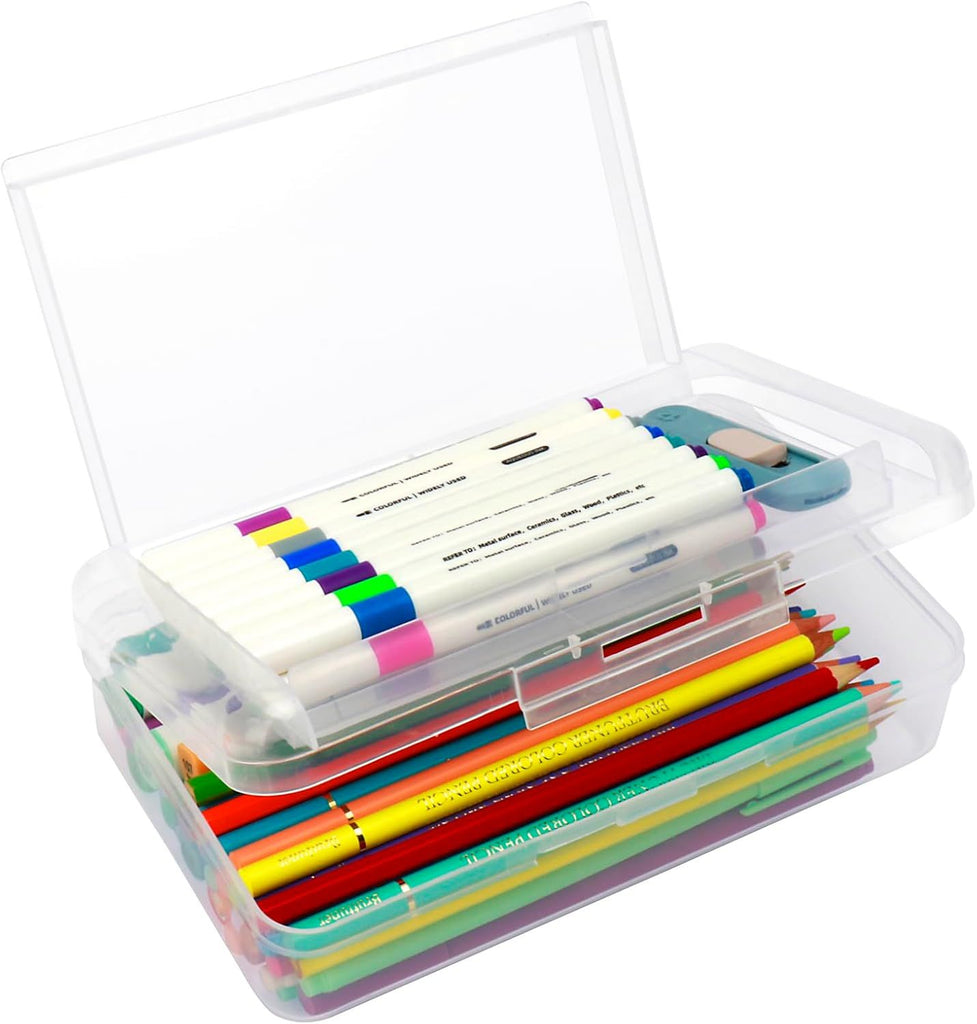 1 Pack Double Layer Hard Pencil Cases, Plastic Translucent Pencil Box with Snap-Tight Lid for Pens, Pencils, School, Stylish Office Supplies Storage Organizer Box,Medium-sized (Clear)