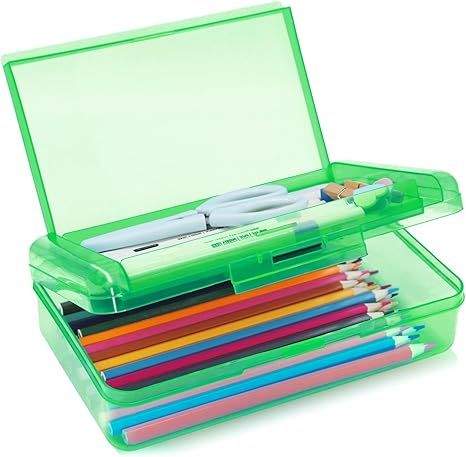 1 Pack Double Layer Hard Pencil Cases, Plastic Translucent Pencil Box with Snap-Tight Lid for Pens, Pencils, School, Stylish Office Supplies Storage Organizer Box,Medium-sized(Green)