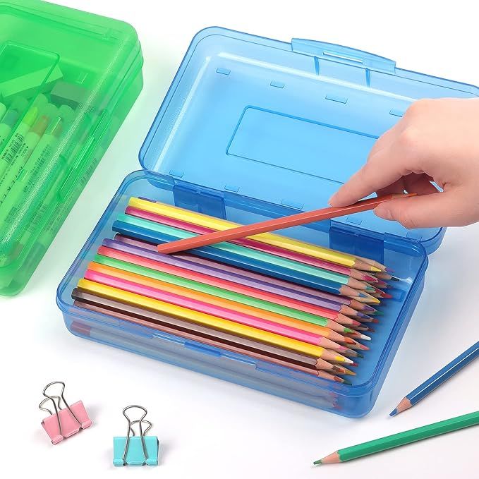 1 Pack Plastic Pencil Box Large Capacity Pencil Boxes Clear Boxes with Snap-tight Lid Stackable Design and Stylish Office Supplies Storage Organizer Box, Blue