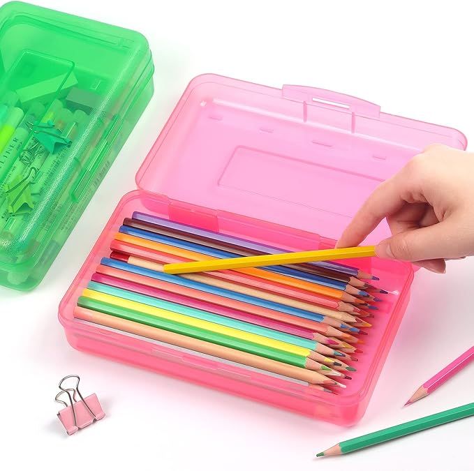 1 Pack Plastic Pencil Box Large Capacity Pencil Boxes Clear Boxes with Snap-tight Lid Stackable Design and Stylish Office Supplies Storage Organizer Box, Pink