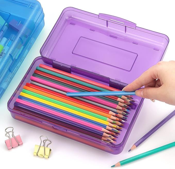 1 Pack Plastic Pencil Box Large Capacity Pencil Boxes Clear Boxes with Snap-tight Lid Stackable Design and Stylish Office Supplies Storage Organizer Box, Purple