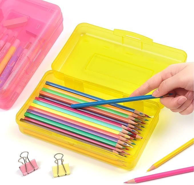 1 Pack Plastic Pencil Box Large Capacity Pencil Boxes Clear Boxes with Snap-tight Lid Stackable Design and Stylish Office Supplies Storage Organizer Box, Yellow