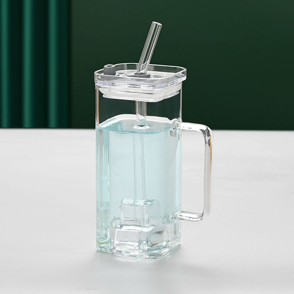 1 Pcs Transparent Glass Straw Cup, 6 Colors Square Glass Cup With Straw And Lid, High Borosilicate Glass Cup, Milk Cup, Juice Cup, Cold Drink Cup, Coffee Cup, Tea Cup, Office Cup, Gift Cup