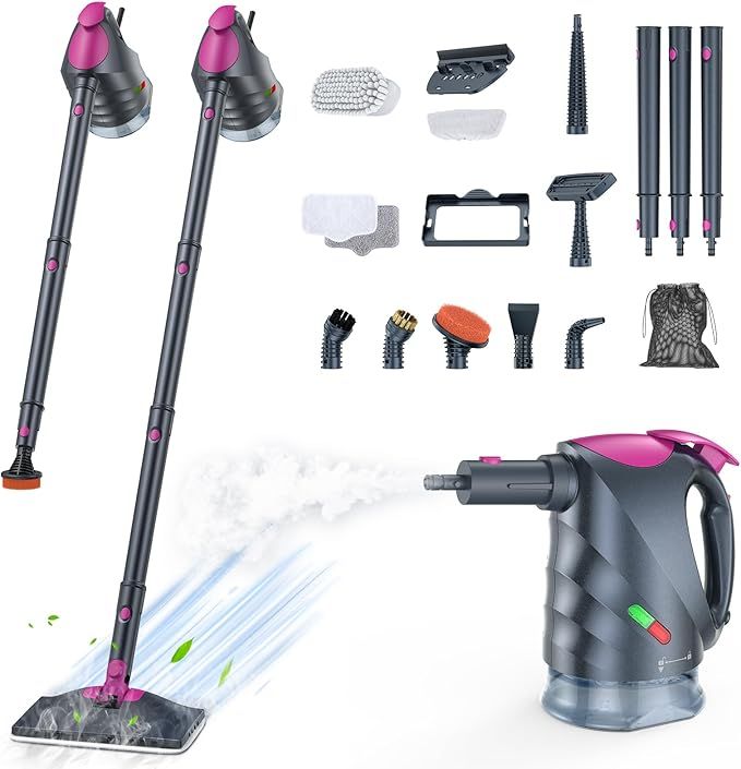1 Steam Cleaner, Steam Mop & Detachable Handheld Steam Cleaner with 320ml Water Tank, 10s Fast Heating, Portable Steamer for Kitchen, Floor, Tiles, Window, BBQ Grill, Car, Gray