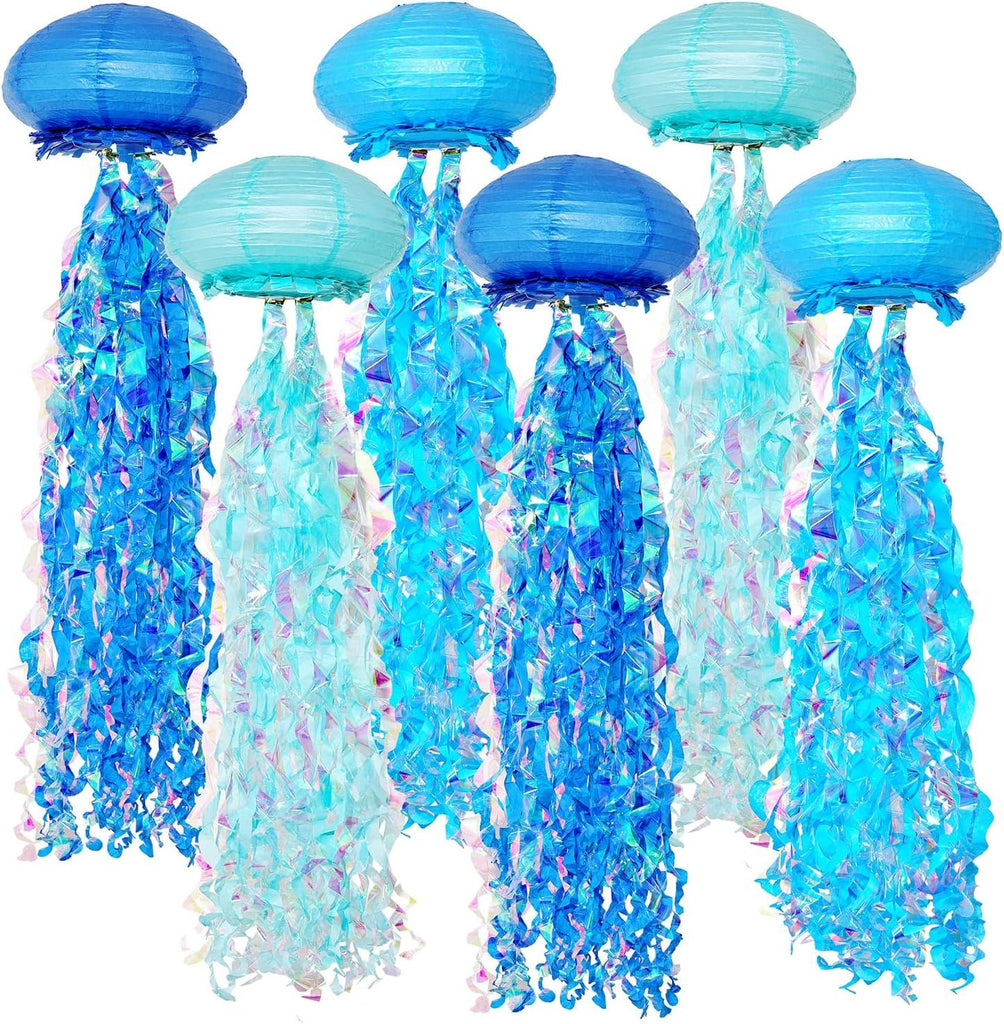 10" Blue Jellyfish Paper Lanterns - Under the Sea Birthday & Mermaid Party Decorations, Ocean and Beach Theme Indoor Outdoor Hanging Decor, Baby Shower, Nautical Events (Set of 6)