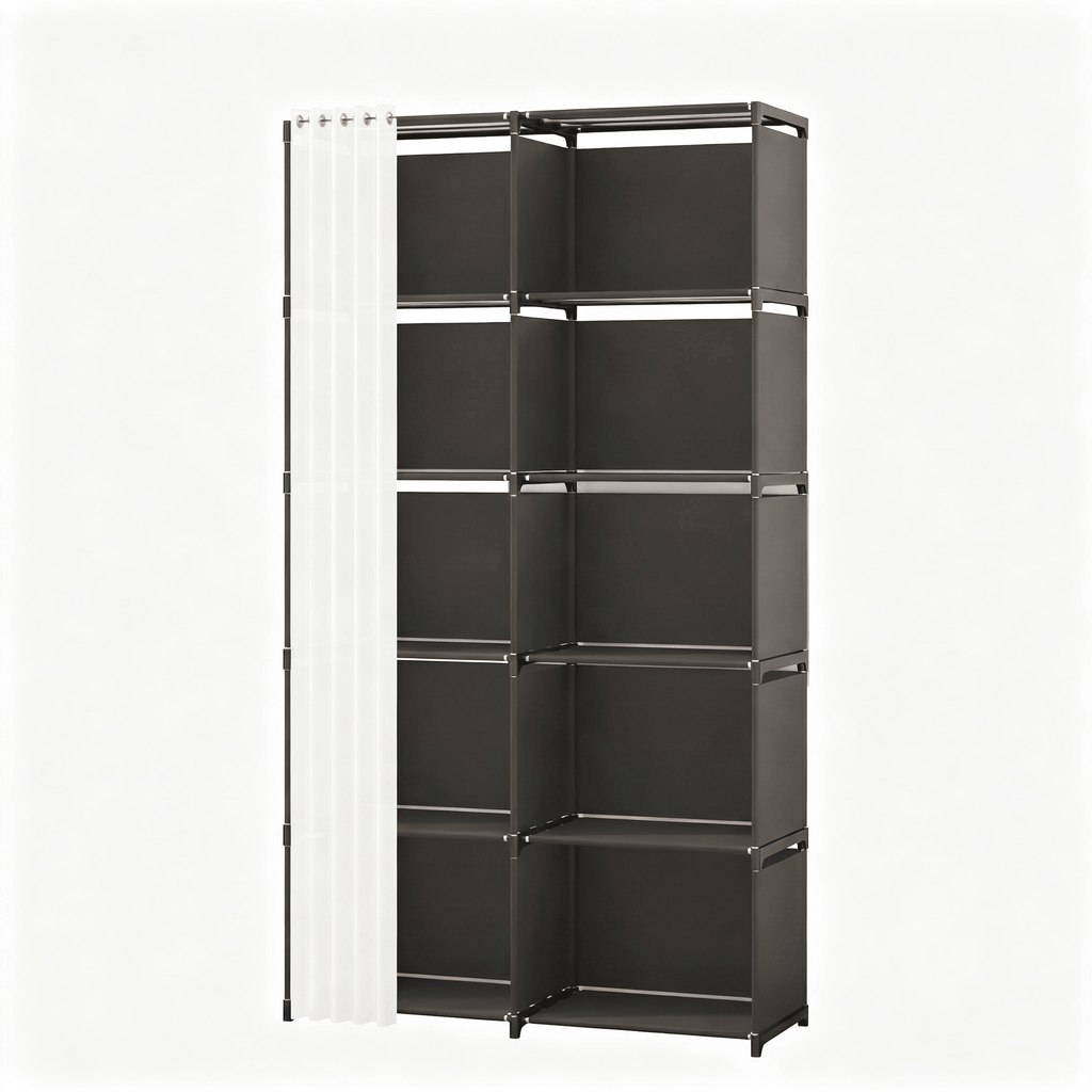 10-Cube Storage Closet Organizer with Curtain, DIY Modular Clothes Wardrobe Cabinet, Freestanding Metal Frame Shelving Unit for Bedroom Clothes Storage, 61.1"H x 30.8"W x 10.9"D, Black