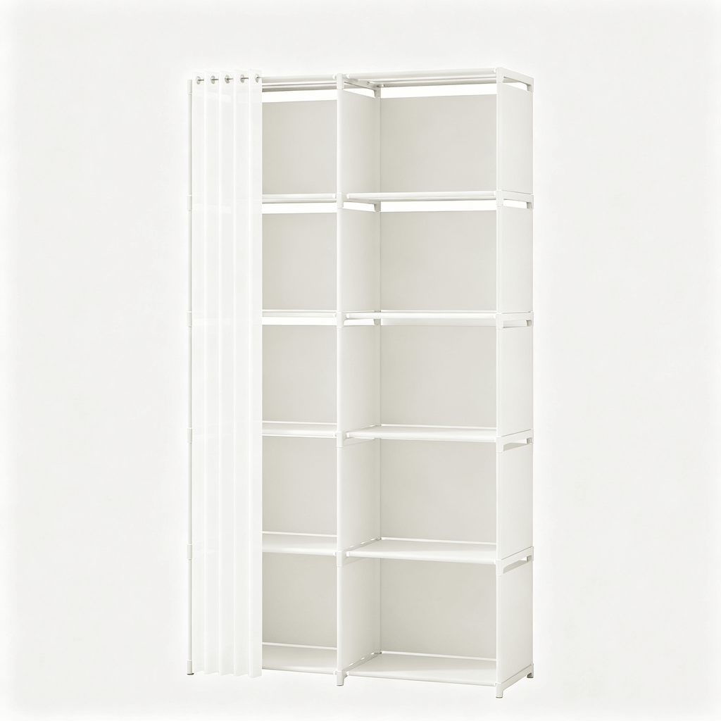 10-Cube Storage Closet Organizer with Curtain, DIY Modular Clothes Wardrobe Cabinet, Freestanding Metal Frame Shelving Unit for Bedroom Clothes Storage, 61.1"H x 30.8"W x 10.9"D, White