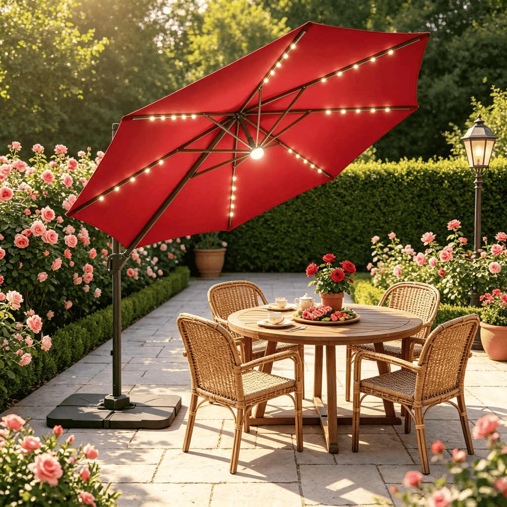 10 FT Outdoor Cantilever Patio Umbrella with 35 Solar LED Lights And Heavy 220 LBS Base for Extended Sunshade
