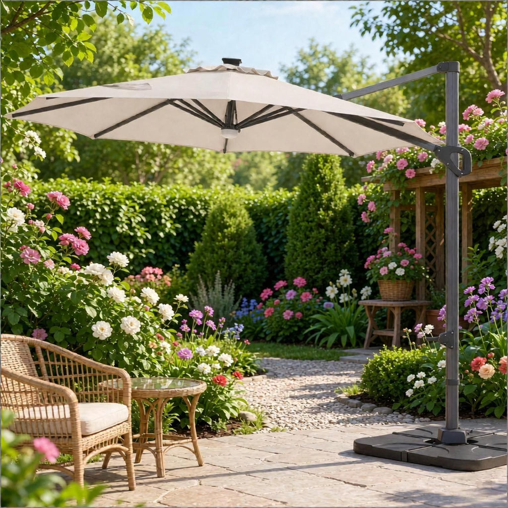 10 FT Outdoor Cantilever Patio Umbrella with 35 Solar LED Lights And Heavy 220 LBS Base for Extended Sunshade