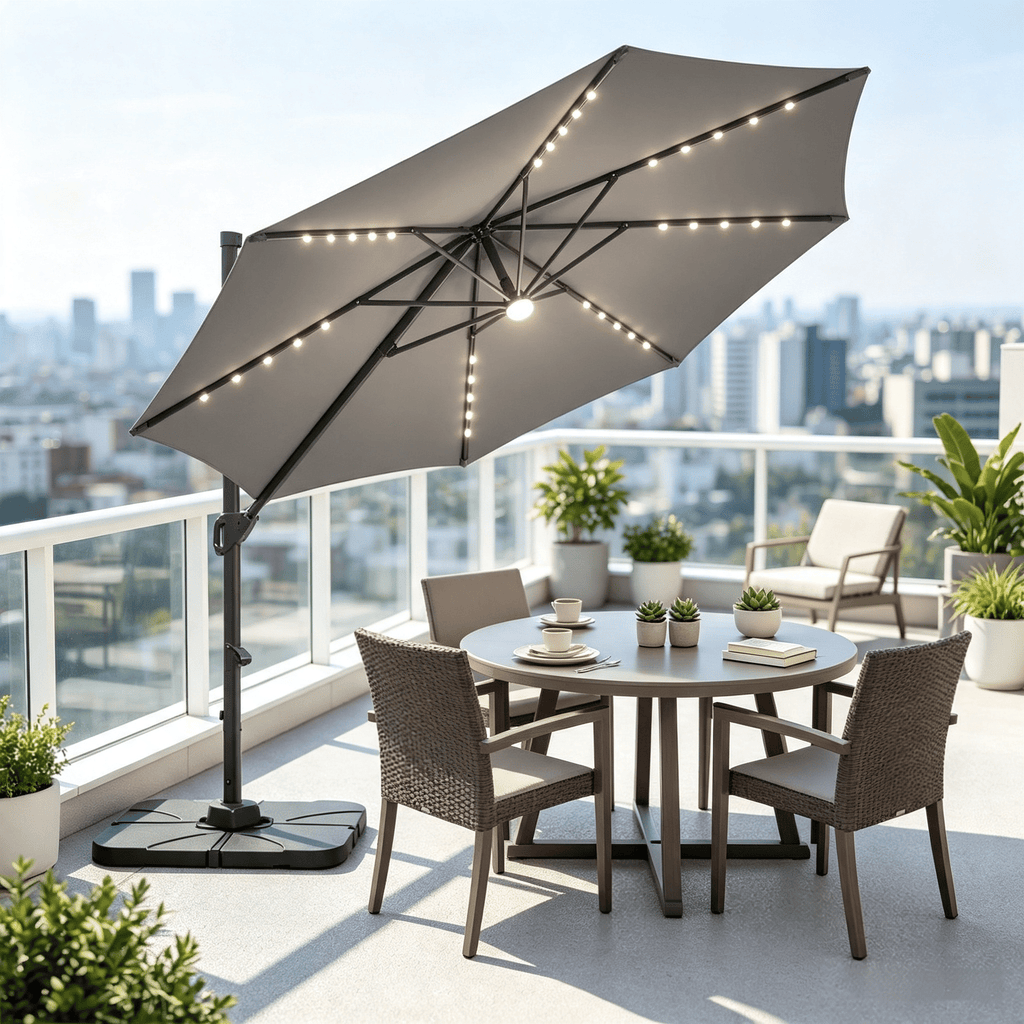 10 FT Outdoor Cantilever Patio Umbrella with 35 Solar LED Lights And Heavy 220 LBS Base for Extended Sunshade
