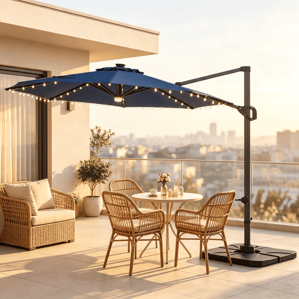 10 FT Outdoor Cantilever Patio Umbrella with 35 Solar LED Lights And Heavy 220 LBS Base for Extended Sunshade