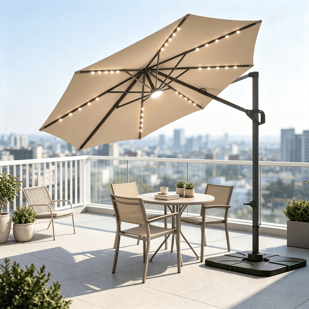 10 FT Outdoor Cantilever Patio Umbrella with 35 Solar LED Lights And Heavy 220 LBS Base for Extended Sunshade