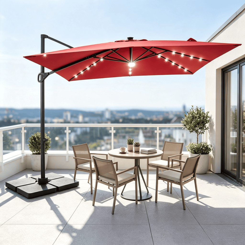 10 FT Outdoor Cantilever Patio Umbrella with Integrated 32 Solar LED Lights And Heavy 220 LBS Base