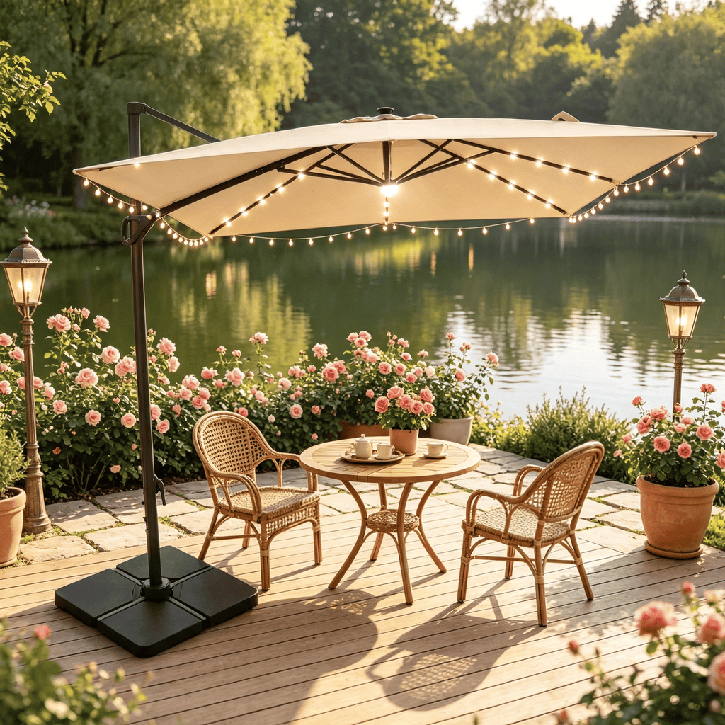 10 FT Outdoor Cantilever Patio Umbrella with Integrated 32 Solar LED Lights And Heavy 220 LBS Base