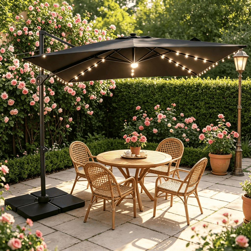 10 FT Outdoor Cantilever Patio Umbrella with Integrated 32 Solar LED Lights And Heavy 220 LBS Base