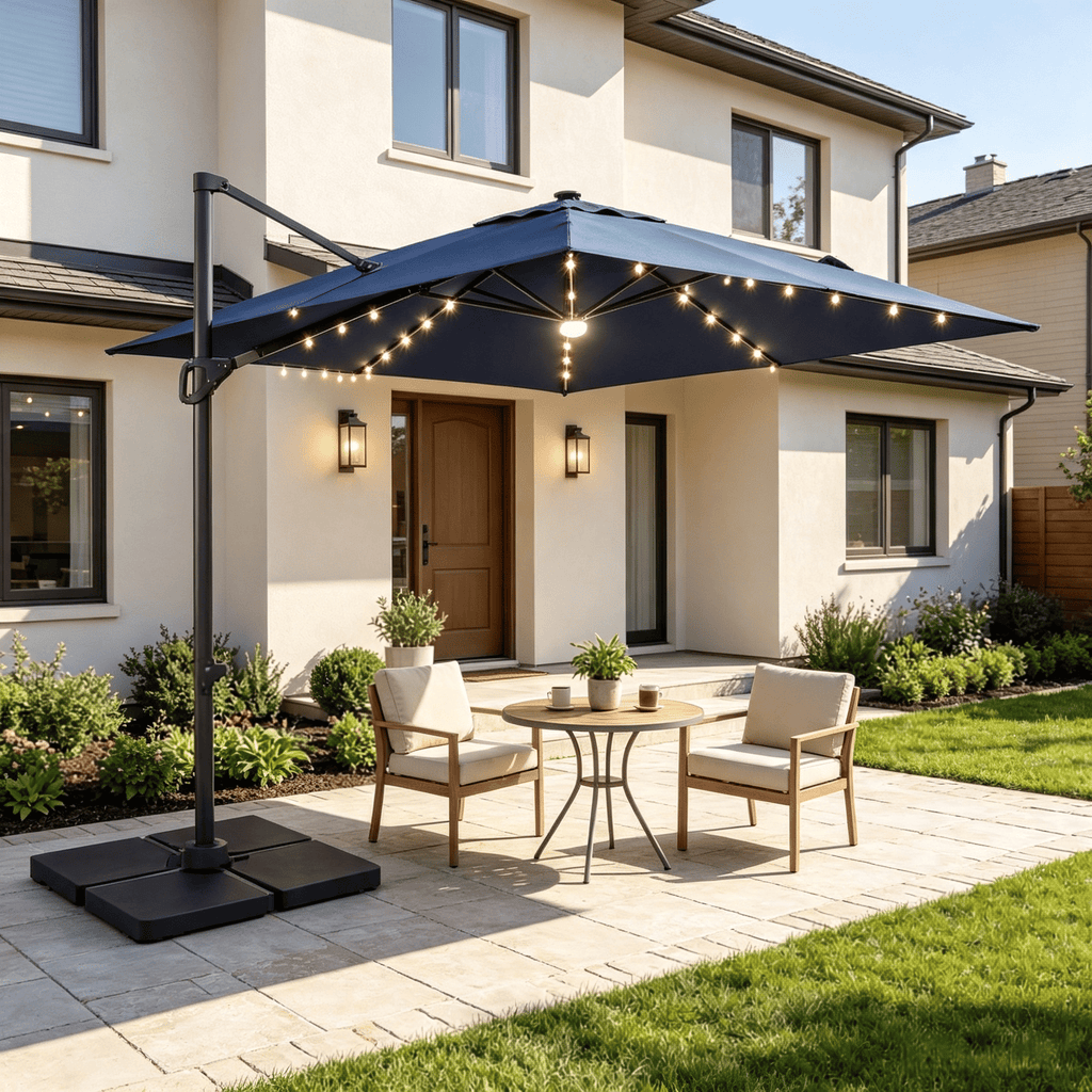 10 FT Outdoor Cantilever Patio Umbrella with Integrated 32 Solar LED Lights And Heavy 220 LBS Base