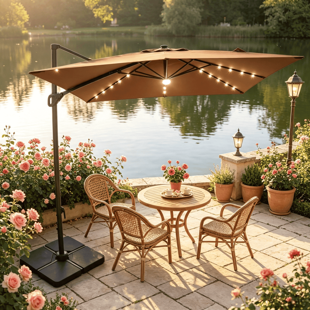 10 FT Outdoor Cantilever Patio Umbrella with Integrated 32 Solar LED Lights And Heavy 220 LBS Base