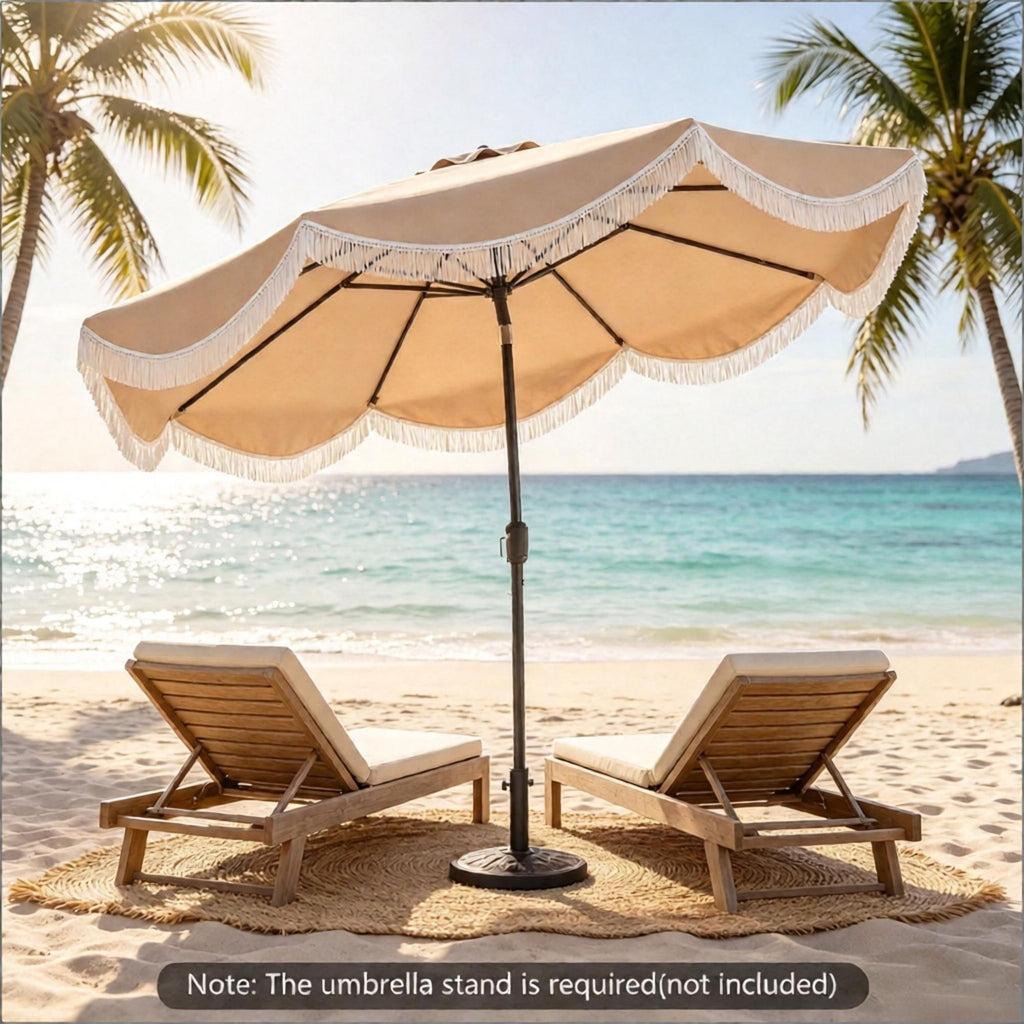10 FT Outdoor Patio Umbrella with Fringe Tassel And Push Button Tilt Feature for Extended Sunshade Coverage