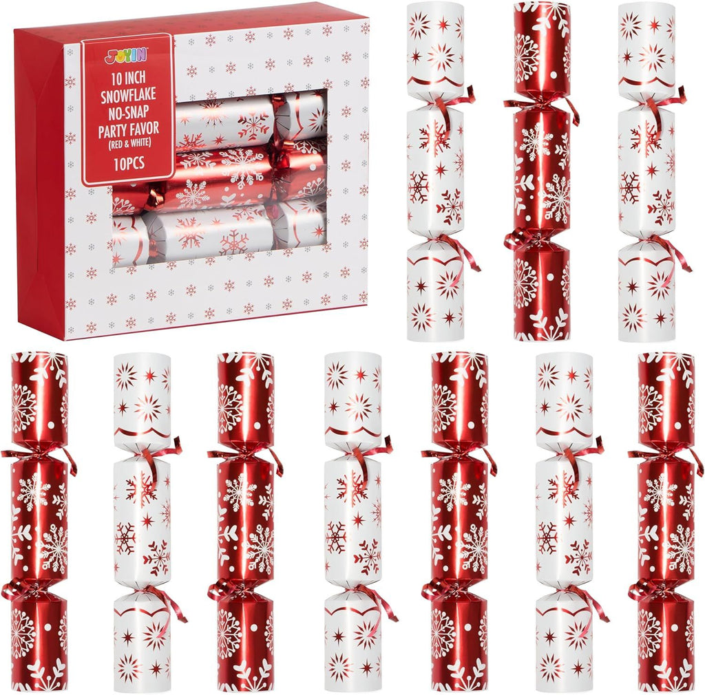 10 Pack Christmas No Snap Party Table Favor with Red & White Snowflake Design, with Party Hat, Joke & Little Gift Inside, for Xmas Gift, Christmas Seasonal Holiday Dinner Traditions