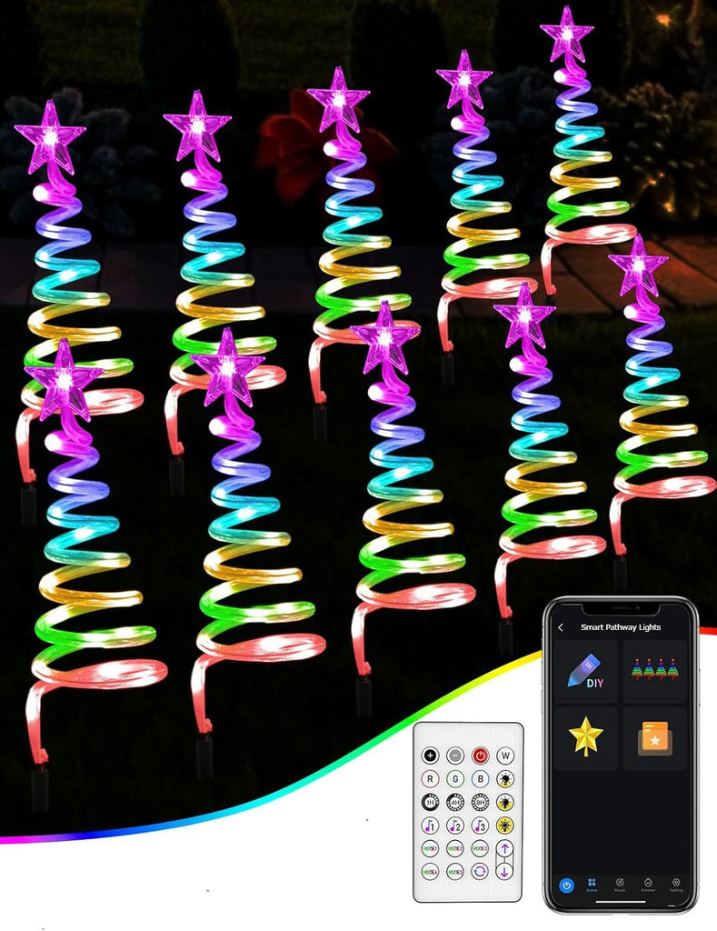 10 Pack Christmas Pathway Lights Outdoor with RGBW DIY Modes, APP Control Spiral Lighted Christmas Tree Path Lights with Scene Modes Schedule Music, Christmas Yard Decorations Outdoor Waterproof