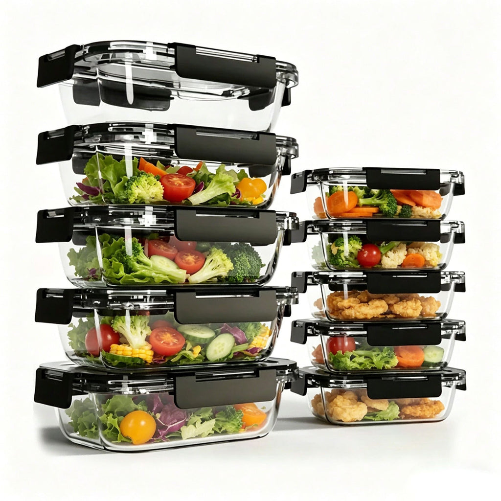10 Pack Glass Meal Prep Containers with Lids – Glass Food Storage Containers, Airtight Glass Lunch Bento Boxes for Food and Utensil Transport, Microwave, Freezer & Dishwasher Safe, Kitchen Essentials