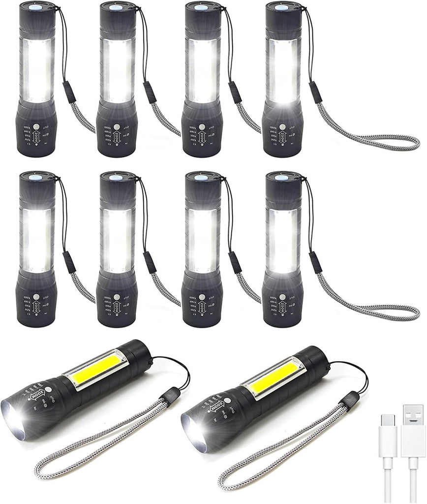 10 Pack LED Rechargeable Flashlight, Super Bright Small Mini Camping Flashlights Zoomable Beam, Convenient USB C Charging for Camping Hiking Outdoor Home Emergency