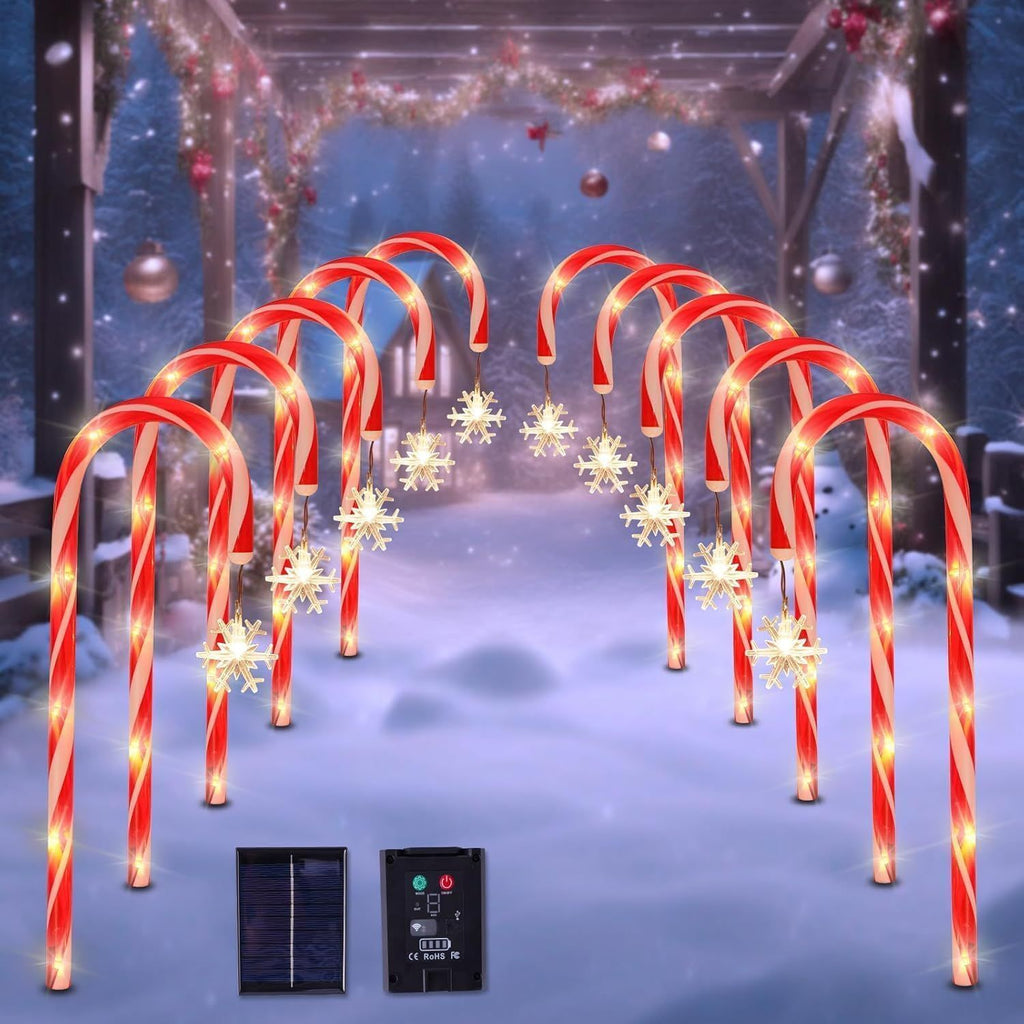 10 Pack Solar Candy Cane Pathway Lights, Warm White Christmas Decor Auto-On at Dusk, 8 Lighting Modes, Ground-Stake Setup,