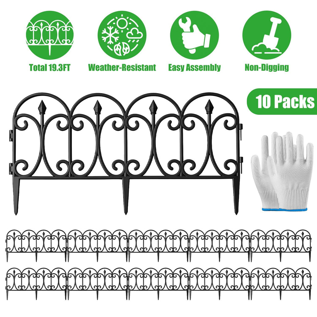 10 Packs Garden Decorative Lawn Edging Border PP Garden Fence Panels Easy Assembly Outdoor Flower Bed Landscape Fencing No-Dig Spikes with Gloves Total 19.3FT