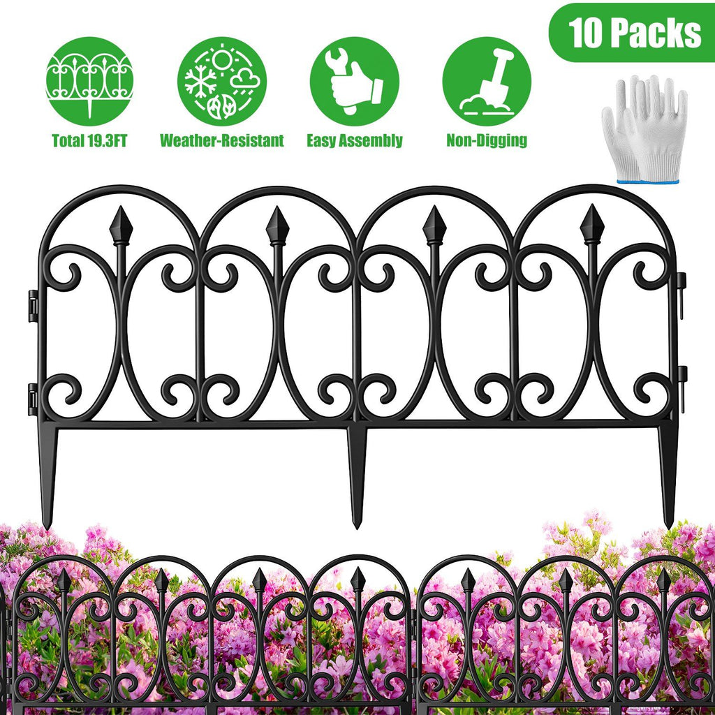 10 Packs Garden Decorative Lawn Edging Border PP Garden Fence Panels Easy Assembly Outdoor Flower Bed Landscape Fencing No-Dig Spikes with Gloves Total 19.3FT