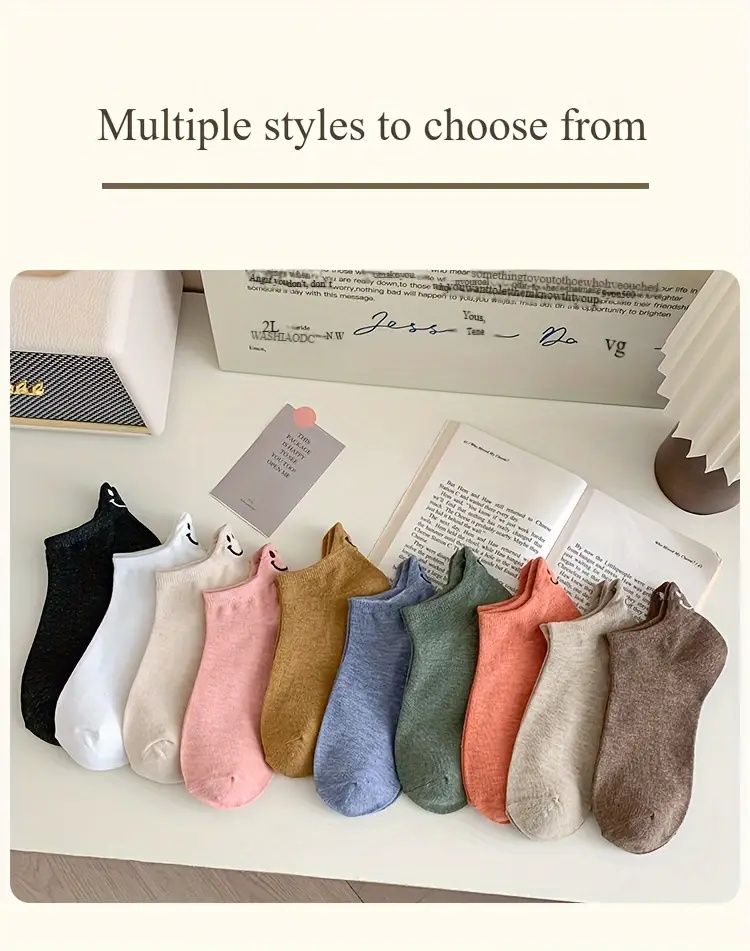 10 pairs of cute smiling face socks, soft, comfortable, breathable low cut socks, women's socks and long socks, very suitable for daily fashionable casual wear