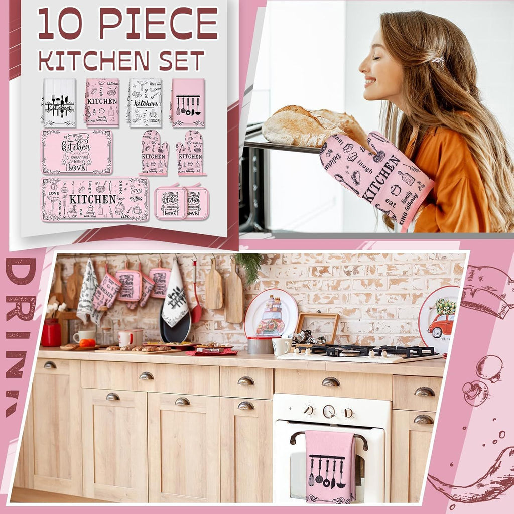 10 Pcs Funny Pink Kitchen Decor Set 4 This Kitchen is Seasoned with Love Dish Towel 2 Pot Holders with Sayings 2 Oven Mitts Glove Rustic Non Slip Rug and Mat for Home Decoration Mom Gift