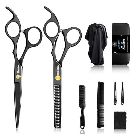 10 PCS Hair Cutting Scissors Set, Professional Haircut Scissors Kit with Cutting Scissors, Thinning Shears, Comb, Cape, Clips, Black Hairdressing Texturizing Shears Set for Barber, Salon, Home