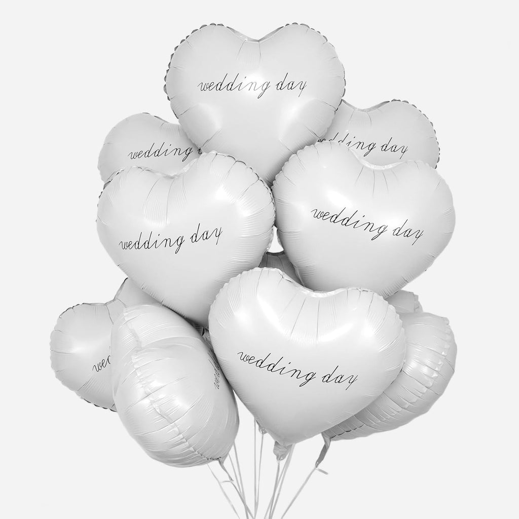10 Pcs Wedding Heart Balloons, 18" White Heart Foil Balloon with Wedding Day Prints, Double-Sided Mylar Foil Balloon for Big Day, Anniversary, Engagement, Bachelorette, Bridal Shower Party Decor