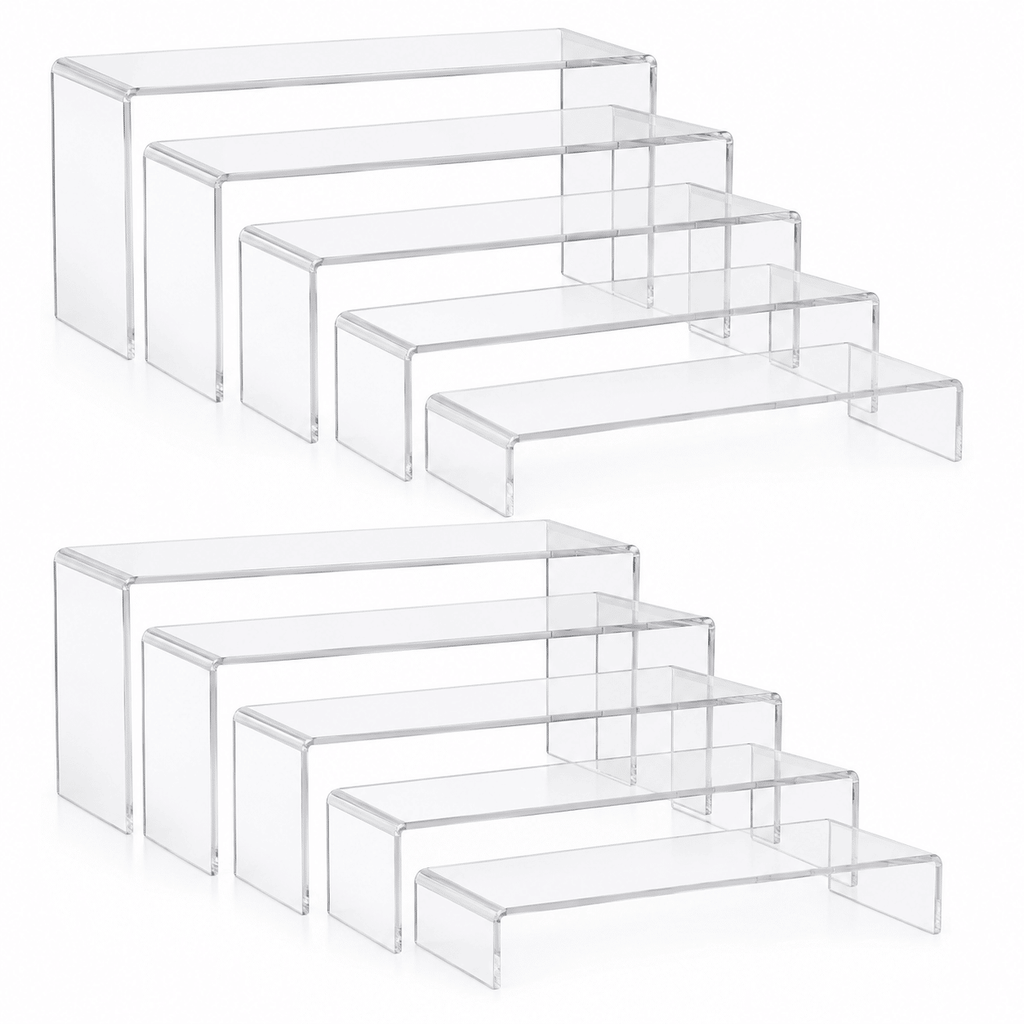 10-Piece Clear Acrylic Display Risers Set, U-Shaped Nesting Stands, 5 Different Sizes, Stair-Step Design for Multi-Purpose Display