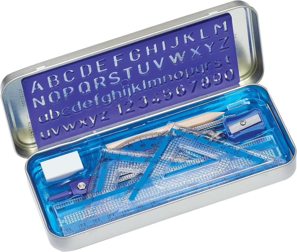 10-Piece Math Set with Metal Compass, 6" Ruler & Triangle Squares, 45° & 30/60° Set Squares, Alphabet Stencil