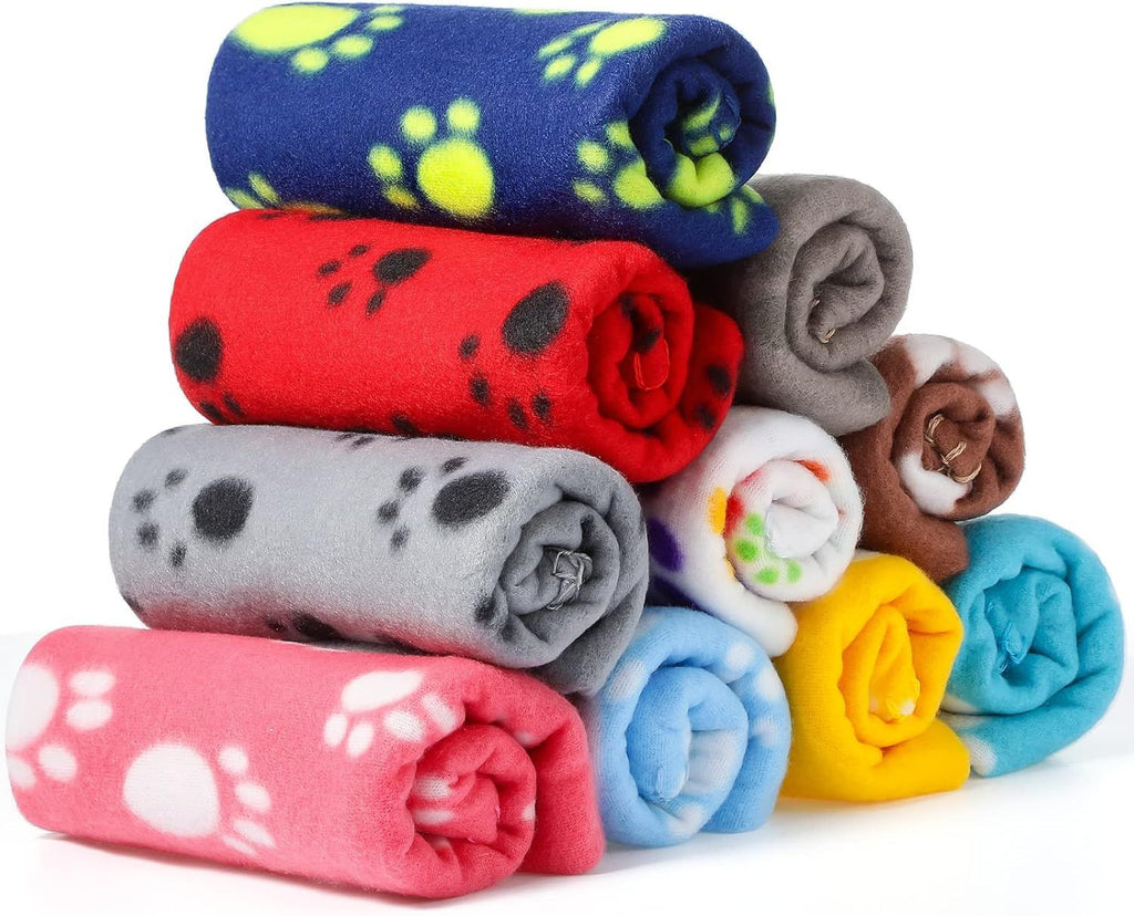 10 Pieces Pet Blankets with Paw Print Dog Cat Fleece Blankets Soft Warm Sleep Mat Pad Bed Cover for Kitten Puppy and Other Small Animals, 24 x 28 Inch