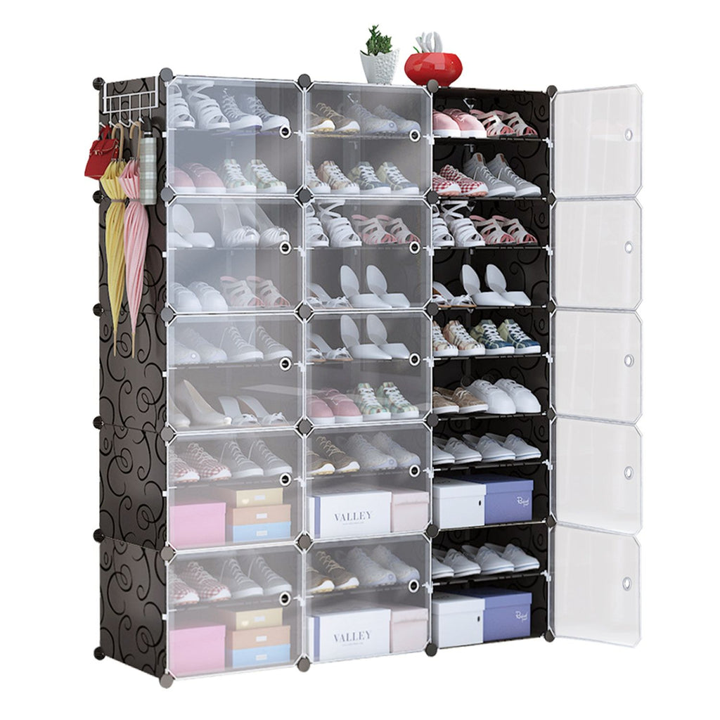 10 Tier 3 Row Shoe Rack Organizer Stackable Free Standing Shoe Storage Shelf Plastic Shoe Cabinet Tower with Transparent Doors for Heels Boots Slippers Entryway Hallway Bedroom