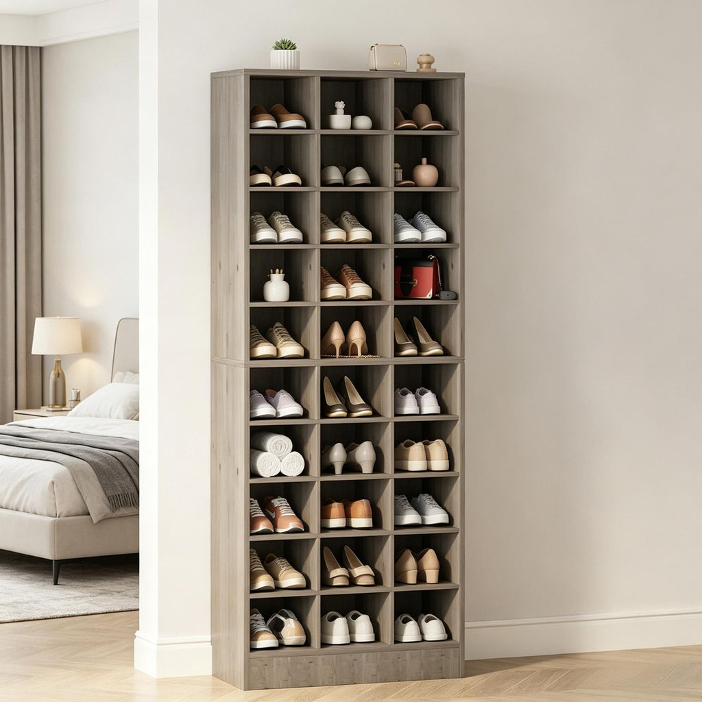 10-Tier Wooden Shoe Cabinet Storage Rack with 30 Cubbies for Home Organization