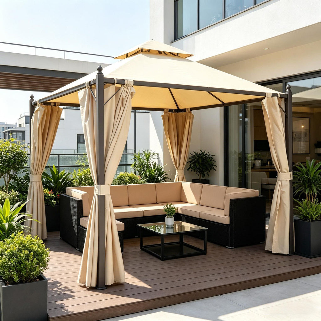 10' X 10' Steel Outdoor Patio Gazebo Large Design with Two-Tier Roof Polyester Privacy Curtains for Air