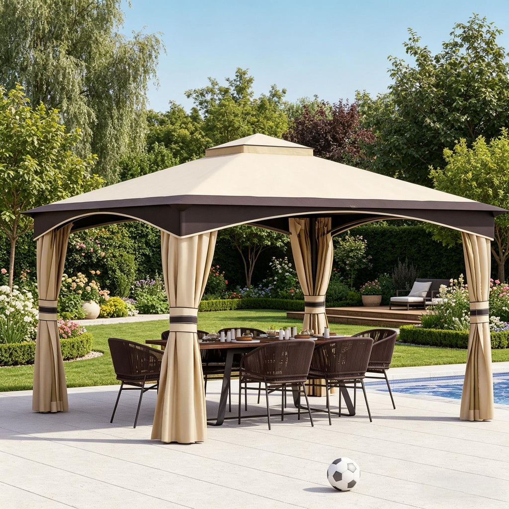 10' X 12' Outdoor Gazebo with Mosquito Netting Patio Canopy Soft Top Roof Steel Frame for Lawn Garden Backyard