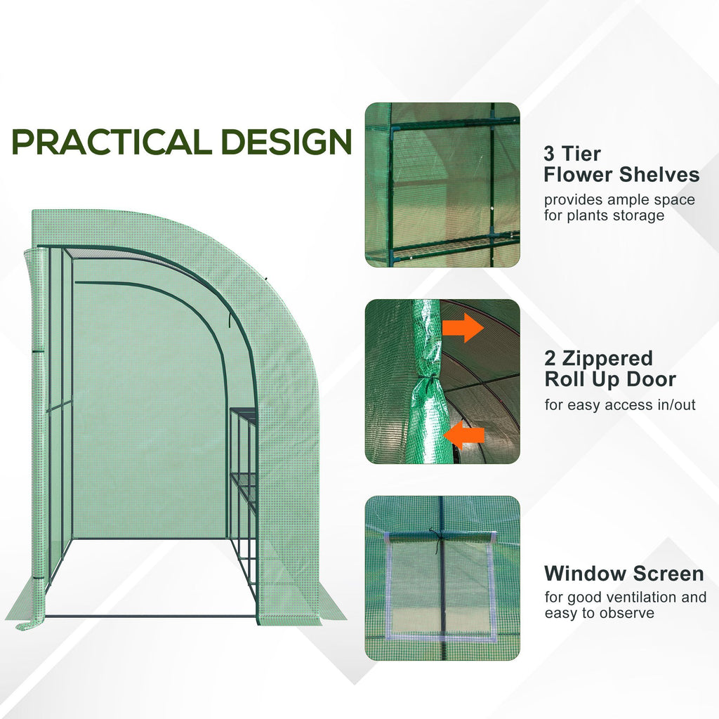10' x 5' x 7' Lean to Greenhouse, Walk-In Green House, Plant Nursery with 2 Roll-up Doors and Windows, PE Cover and 3 Wire Shelves, Green
