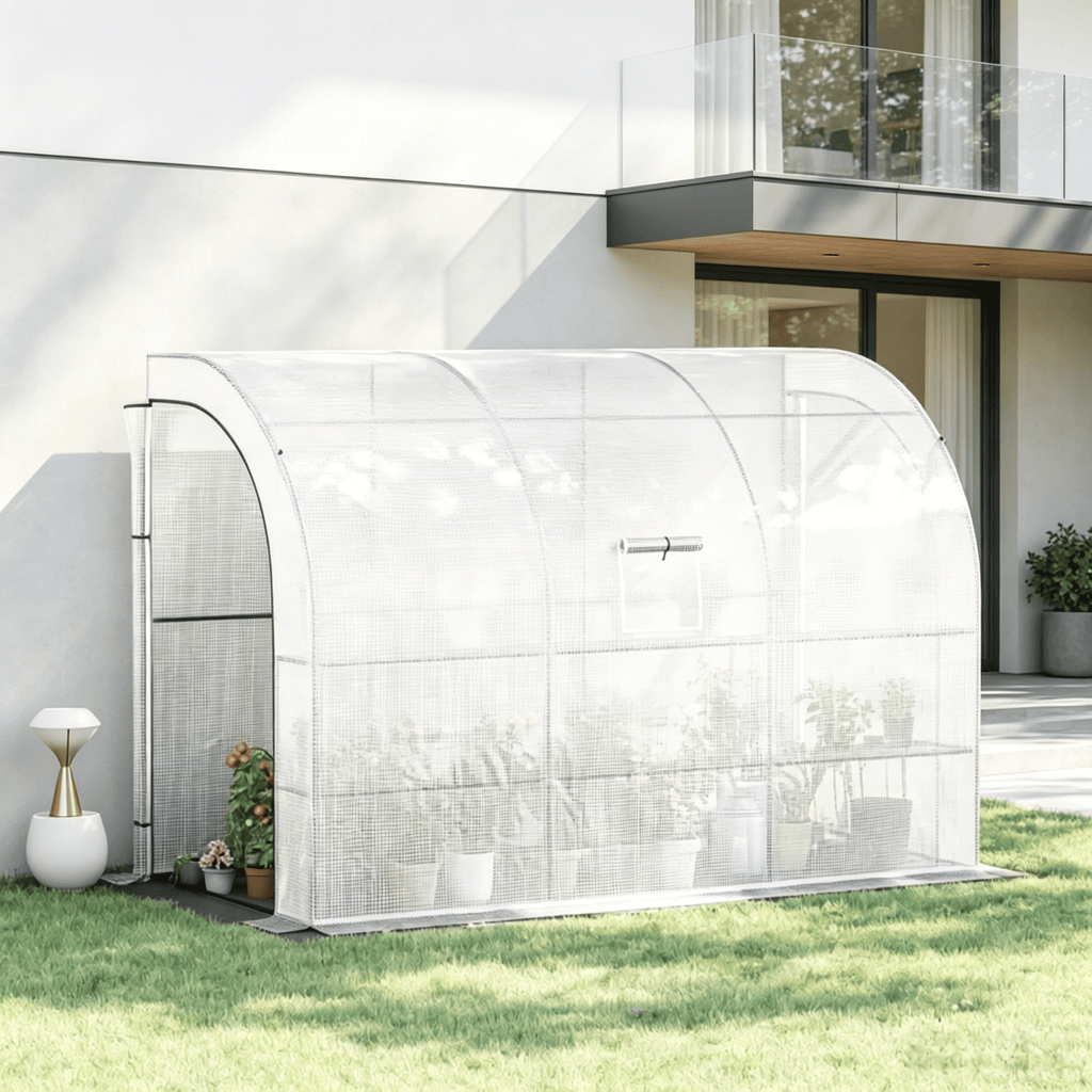 10' x 5' x 7' Outdoor Walk-In Greenhouse, Plant Nursery with Zippered Doors, PE Cover and 3 Wire Shelves, White
