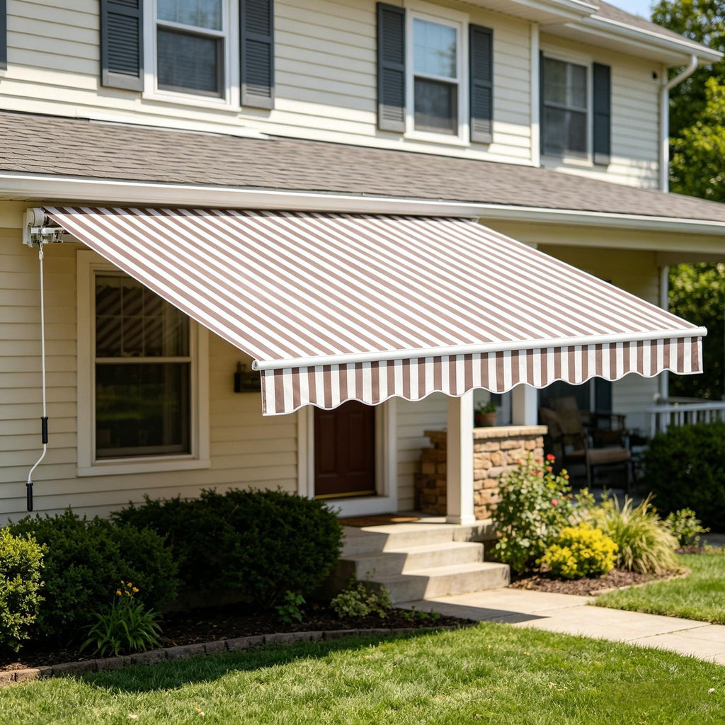 10' X 8' Retractable Awning Patio Sunshade Shelter with Manual Crank Handle UV & Water-Resistant Aluminum Frame for Deck Balcony Yard Coffee Stripes
